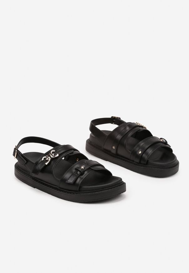 Born2be - Czarne Sandały na Grubej Podeszwie z Metaliczną Ozdobą Deorilith. Okazja: na co dzień. Zapięcie: sprzączka. Kolor: czarny. Materiał: jeans. Wzór: aplikacja. Styl: elegancki, casual