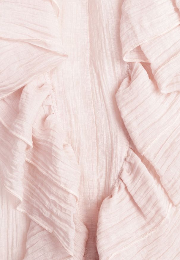 Born2be - Różowa Bluzka z Lyocellem Ozdobiona Falbanami i Wiązaniem Esathra. Okazja: na co dzień. Kolor: różowy. Materiał: jeans. Wzór: aplikacja. Styl: casual, elegancki