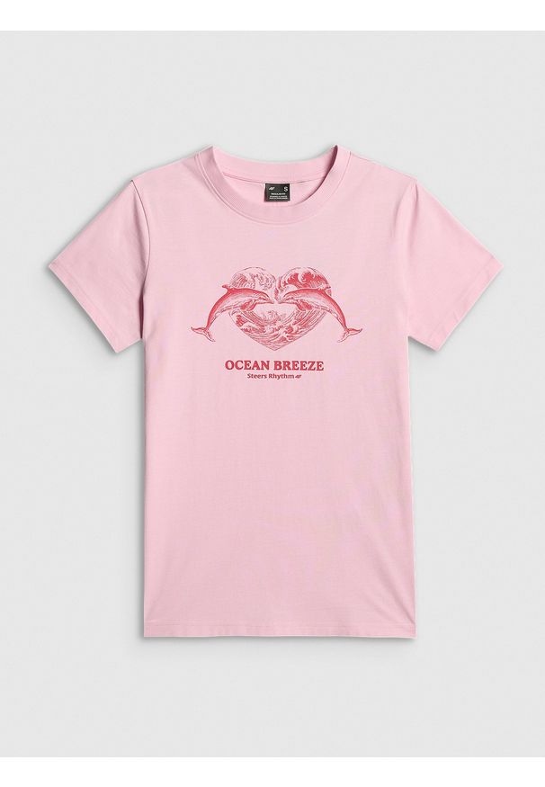 4f - 4F T-shirt regular z nadrukiem damski - różowy XS. Okazja: na co dzień. Kolor: różowy. Materiał: dzianina, bawełna. Wzór: nadruk. Styl: casual, klasyczny