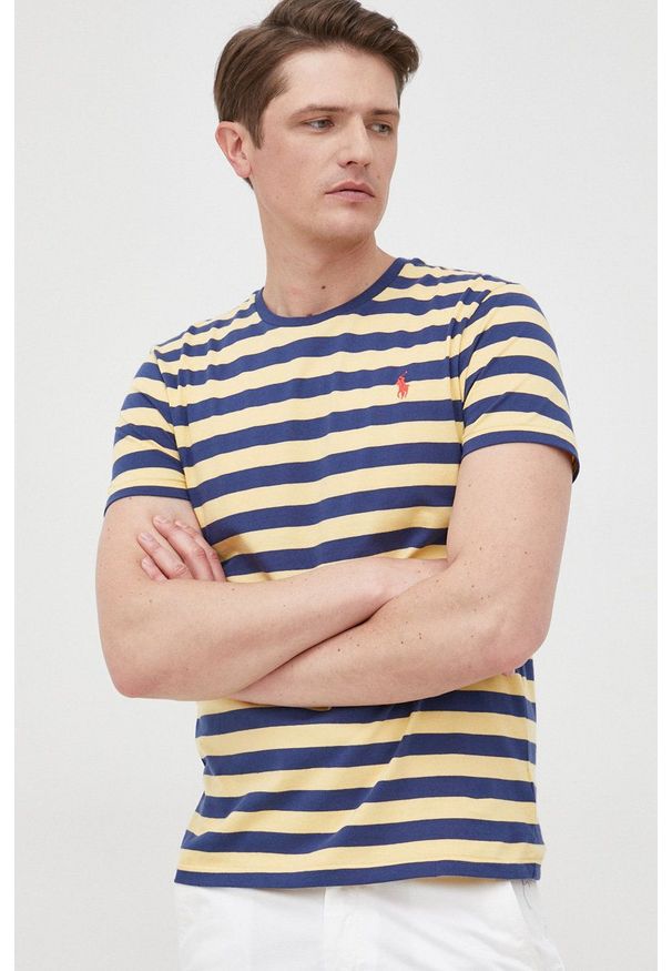 Polo Ralph Lauren t-shirt bawełniany kolor żółty wzorzysty. Typ kołnierza: polo. Kolor: żółty. Materiał: bawełna. Wzór: aplikacja