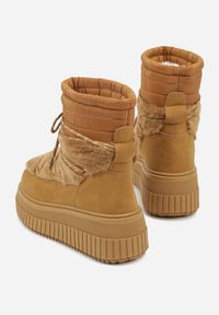 Born2be - Jasnobrązowe Pikowane Śniegowce na Grubej Tłoczonej Podeszwie z Futerkiem Adarlia. Okazja: na co dzień. Kolor: brązowy. Materiał: futro. Styl: casual #3