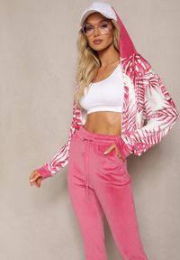 Renee - Różowy Welurowy Komplet Dresowy z Wzorzystą Bluzą z Kapturem i Joggerami Rouviana. Kolor: różowy. Materiał: dresówka, welur #5