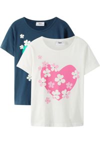 bonprix - T-shirt dziewczęcy (2 szt.), bawełna organiczna. Kolor: biały. Materiał: bawełna. Wzór: nadruk, kwiaty