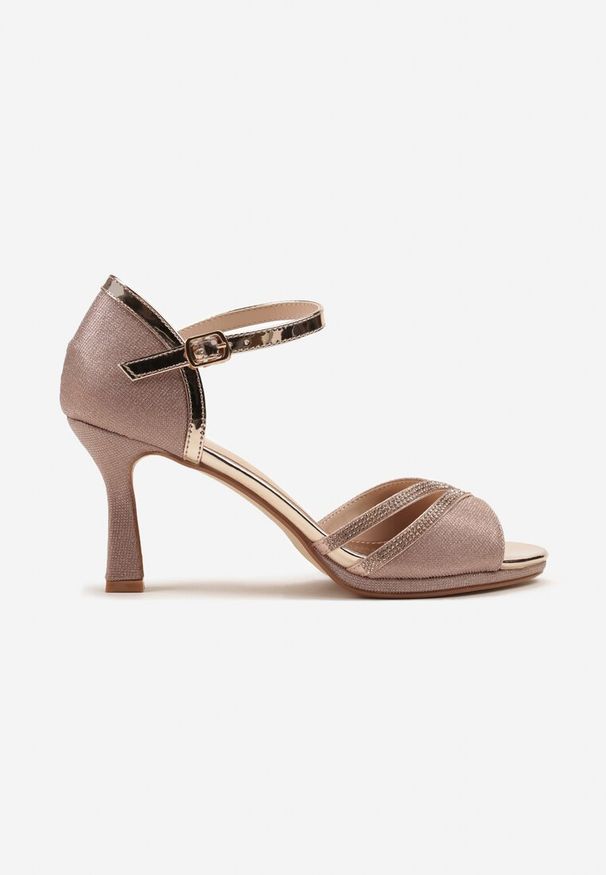 Renee - Szampańskie Sandały Vices na Szpilce Ozdobione Cyrkoniami i Brokatem Oviasse. Zapięcie: sprzączka. Kolor: złoty. Materiał: jeans. Wzór: aplikacja. Obcas: na szpilce. Styl: elegancki. Wysokość obcasa: średni