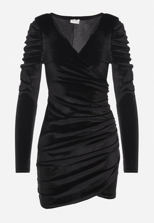 Born2be - Czarna Dopasowana Kopertowa Sukienka z Weluru z Bufiastymi Rękawami Ardell. Typ kołnierza: dekolt w kształcie V. Kolor: czarny. Materiał: welur. Wzór: aplikacja. Typ sukienki: kopertowe. Styl: klasyczny