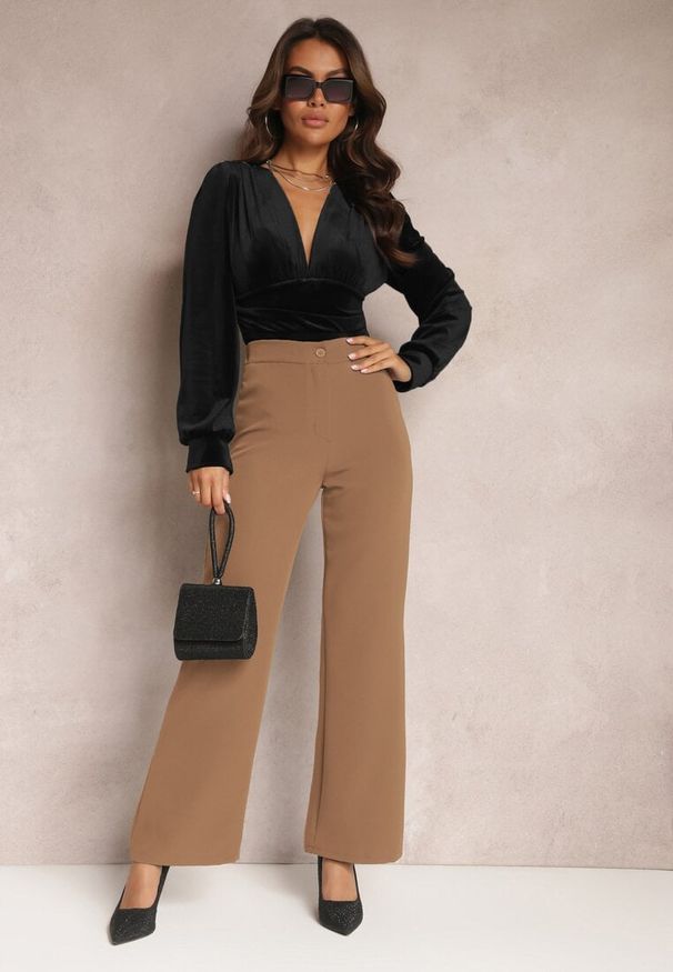 Renee - Brązowe Szerokie Spodnie Materiałowe High Waist Dinnes. Stan: podwyższony. Kolor: brązowy. Materiał: materiał. Wzór: gładki