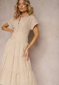Renee - Beżowa Ażurowa Sukienka z Bawełny z Krótkim Rękawem i Guzikami Obitha. Kolor: beżowy. Materiał: bawełna. Długość rękawa: krótki rękaw. Wzór: ażurowy. Sezon: lato. Styl: elegancki