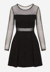 Born2be - Czarna Rozkloszowana Sukienka Mini ze Wstawkami z Siateczki Olessea. Okazja: na co dzień. Kolor: czarny. Materiał: skóra. Długość rękawa: długi rękaw. Typ sukienki: proste. Styl: casual. Długość: mini #5