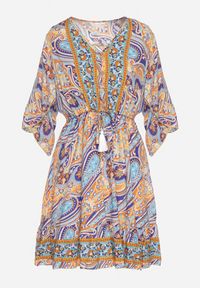 Born2be - Jasnoniebieska Sukienka z Bawełny z Frędzlami i Wzorem Boho Cleamora. Okazja: na co dzień. Typ kołnierza: dekolt w serek. Kolor: niebieski. Materiał: bawełna. Styl: boho