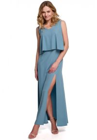 Sukienki.shop - Długa zmysłowa sukienka z falbaną i rozcięciem niebieska. Okazja: na ślub cywilny, na wesele, na imprezę. Kolor: niebieski. Długość rękawa: na ramiączkach. Styl: elegancki. Długość: maxi #1