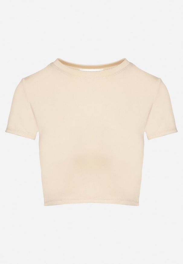 Born2be - Beżowy T-shirt z Wiskozą o Dopasowanym Kroju Typu Crop Top Folirra. Okazja: na co dzień. Kolor: beżowy. Materiał: wiskoza. Styl: casual, klasyczny