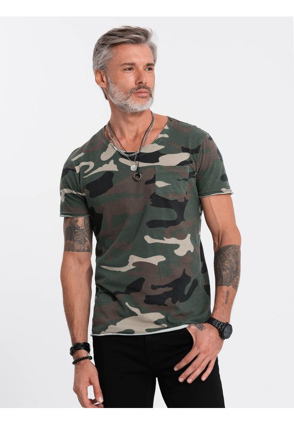 Ombre Clothing - T-shirt męski bawełniany V-NECK - khaki-camo V5 S1616 - XL. Kolor: brązowy. Materiał: bawełna