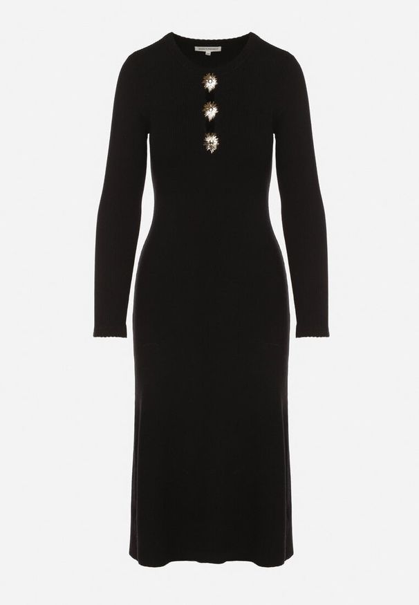 Born2be - Czarna Dopasowana Sukienka z Prążkowanej Dzianiny z Wiskozą z Aplikacjami Tusmana. Kolor: czarny. Materiał: prążkowany, wiskoza, dzianina. Wzór: aplikacja. Styl: elegancki