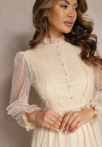 Renee - Beżowa Tiulowa Sukienka Maxi ze Wstawkami z Koronki i Ozdobnymi Guzikami Aovena. Kolor: beżowy. Materiał: koronka, tiul. Wzór: koronka. Długość: maxi #3