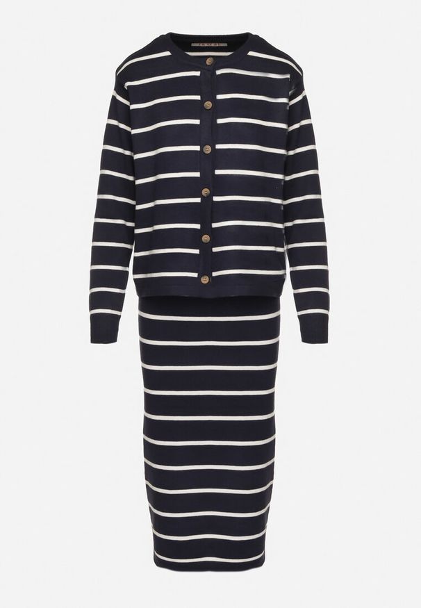 Born2be - Granatowy Komplet z Wiskozą Bluzka z Guzikami i Spódnica w Paski Asirrise. Kolor: niebieski. Materiał: wiskoza. Wzór: paski