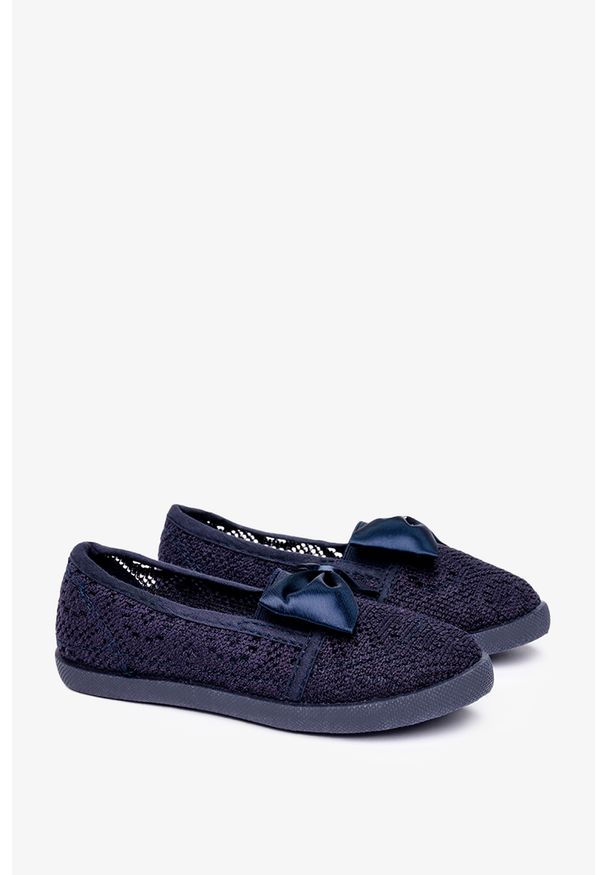 Casu - Granatowe baleriny slip on ażurowe z kokardą casu cb-s151. Zapięcie: bez zapięcia. Kolor: niebieski. Wzór: ażurowy