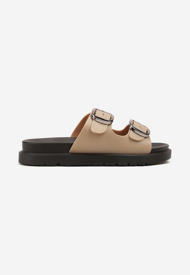 Born2be - Ciemnobeżowe Klapki z Dwoma Paskami Nusoloria. Kolor: beżowy. Styl: elegancki