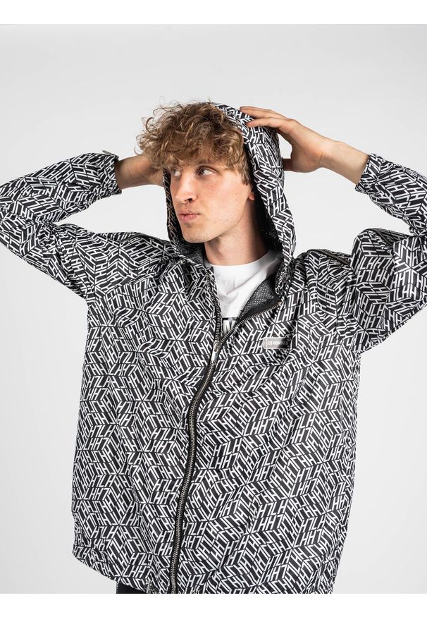 Les Hommes Kurtka "Windbreaker" | LKO312 280P | Light Weight Nylon Windbreaker With Multiple Zip | Mężczyzna | Czarny, Biały. Okazja: na co dzień. Typ kołnierza: kaptur. Kolor: biały, czarny, wielokolorowy. Materiał: nylon. Wzór: aplikacja. Styl: casual