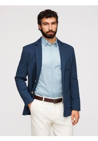 Ombre Clothing - Marynarka męska SLIM z dzianiny o subtelnej strukturze – ciemnoniebieska V6 - Rozmiar: XL. Okazja: do pracy. Kolor: niebieski. Materiał: dzianina. Wzór: kolorowy. Styl: klasyczny