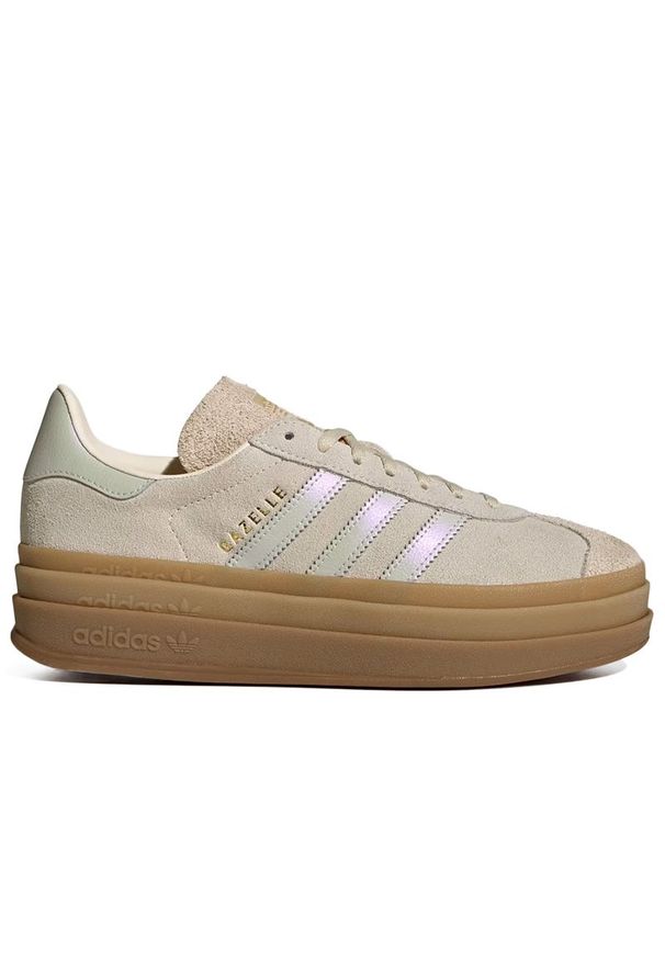 Adidas - Buty damskie adidas Originals Gazelle Bold IH6782 - beżowe. Okazja: na co dzień. Zapięcie: pasek. Kolor: beżowy. Materiał: syntetyk, skóra, guma, zamsz. Szerokość cholewki: normalna. Wzór: paski, aplikacja. Obcas: na platformie. Model: Adidas Gazelle