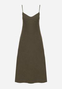 Born2be - Zielona Sukienka o Rozkloszowanym Kroju na Ramiączkach Naouise. Okazja: na wesele, na randkę, na ślub cywilny. Typ kołnierza: dekolt w kształcie V. Kolor: zielony. Materiał: lakier, tkanina. Długość rękawa: na ramiączkach. Sezon: lato. Typ sukienki: rozkloszowane, oversize #7