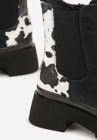 Renee - Czarno-Białe Botki Sztyblety na Platformie Tevirka. Zapięcie: pasek. Kolor: czarny. Materiał: satyna, jeans. Obcas: na platformie #4