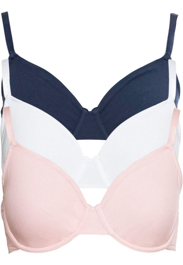 bonprix - Biustonosz T-shirt na fiszbinach (3 szt.), bawełna organiczna. Kolor: niebieski. Materiał: bawełna