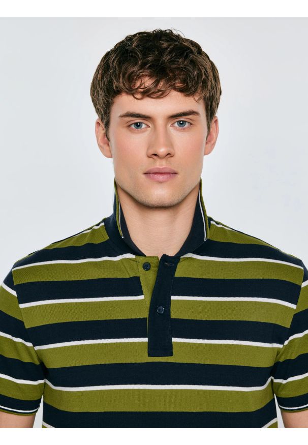 Big-Star - Koszulka męska polo w paski granatowo-zielona Seulis 301. Okazja: na co dzień. Typ kołnierza: polo. Kolor: zielony. Materiał: dzianina, jeans, żakard. Wzór: paski. Styl: casual, elegancki, sportowy, klasyczny