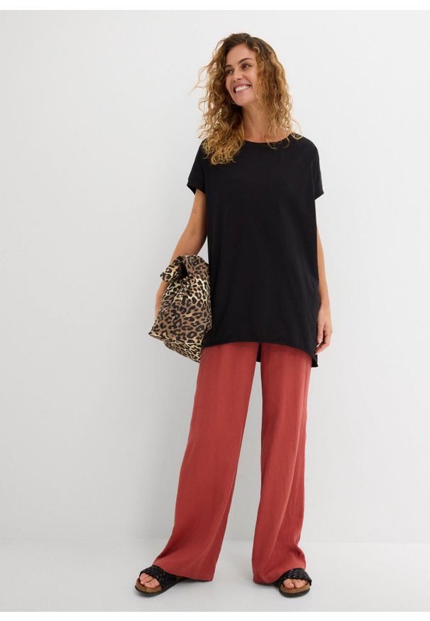 bonprix - Długi T-shirt z czystej bawełny. Kolor: czarny. Materiał: bawełna. Długość rękawa: krótki rękaw. Długość: długie