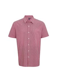 PREMIER - Męska Bawełniana Koszula Z Krótkim Rękawem W Kratkę Micro Gingham. Kolor: biały, czerwony, wielokolorowy. Materiał: bawełna. Długość rękawa: krótki rękaw. Długość: krótkie. Wzór: kratka