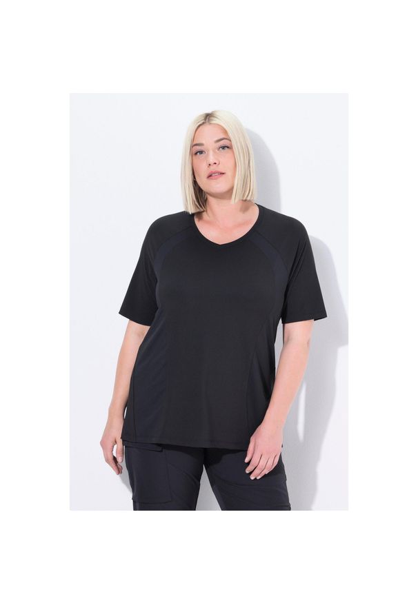 ULLA POPKEN - Damskie Bluzka funkcyjna szybkoschnąca dekolt w serek rękawy 1/2. Typ kołnierza: dekolt w serek. Kolekcja: plus size. Kolor: czarny. Materiał: poliester, materiał, elastan
