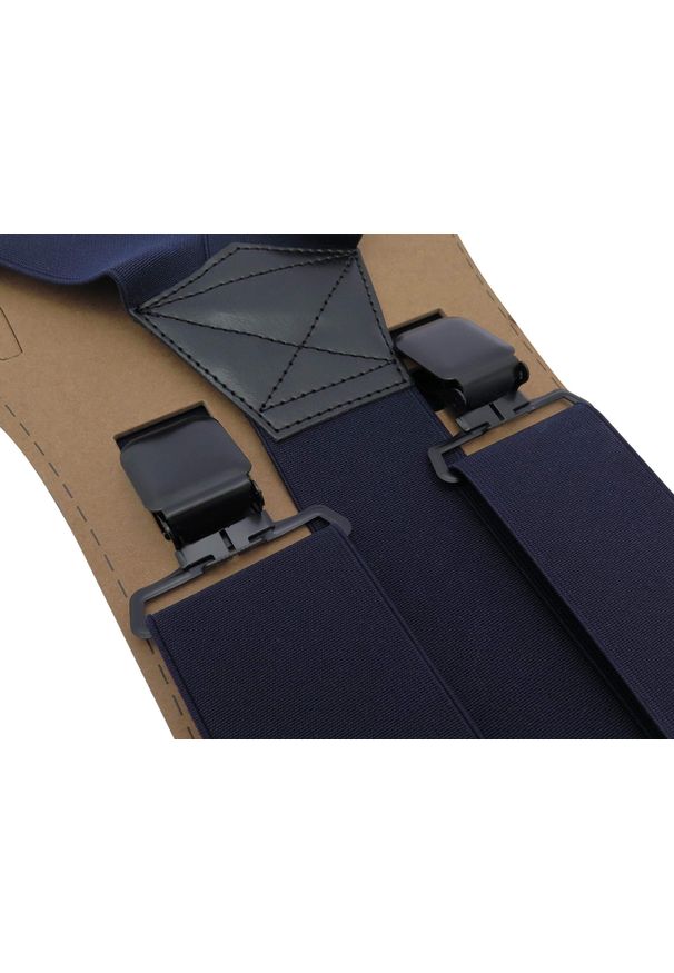 Modini - Szerokie granatowe szelki męskie do spodni - czarne klamry T16. Kolor: czarny, wielokolorowy, niebieski. Materiał: skóra, guma
