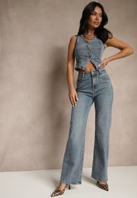Renee - Niebieskie Jeansy High Waist z Szeroką Nogawką Uliswena. Okazja: na co dzień. Stan: podwyższony. Kolor: niebieski. Styl: casual, elegancki