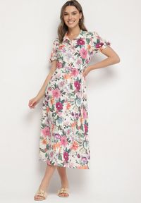 Born2be - Jasnobeżowa Rozkloszowana Sukienka o Koszulowym Kroju z Paskiem w Kwiatowy Wzór Fevelorine. Okazja: na co dzień. Kolor: beżowy. Wzór: kwiaty. Typ sukienki: koszulowe. Styl: casual #1