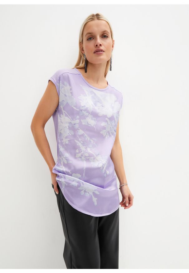 bonprix - Długi shirt. Kolor: fioletowy. Materiał: materiał. Długość: długie. Wzór: gładki, kwiaty, nadruk