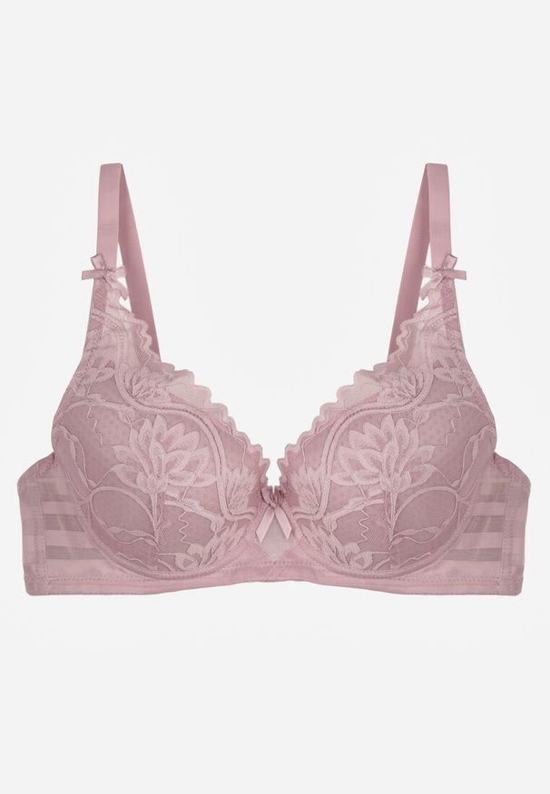 Renee - Fioletowy Biustonosz Ozdobiony Koronką i Kokardkami Sellene. Kolor: fioletowy. Materiał: koronka. Wzór: koronka, aplikacja