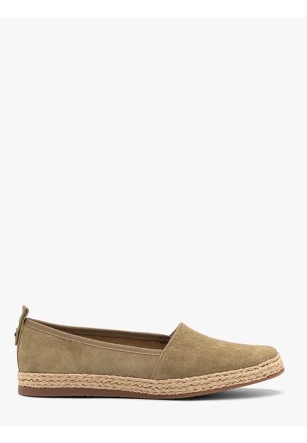 Ryłko - Oliwkowe espadryle damskie. Nosek buta: okrągły. Zapięcie: bez zapięcia. Kolor: oliwkowy. Materiał: welur, skóra. Sezon: wiosna, lato. Obcas: na obcasie. Styl: wakacyjny, street