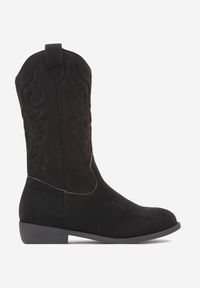 Born2be - Czarne Kozaki Kowbojki na Płaskiej Podeszwie Ozdobione Tłoczeniem Niathalie. Okazja: na uczelnię. Kolor: czarny. Materiał: jeans. Wzór: aplikacja. Styl: klasyczny, młodzieżowy