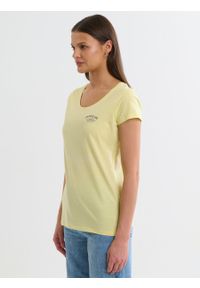 Big-Star - Koszulka damska z nadrukiem na piersi żółta Nika 238. Kolor: żółty. Materiał: bawełna. Długość rękawa: krótki rękaw. Długość: krótkie. Wzór: nadruk. Sezon: wiosna, lato