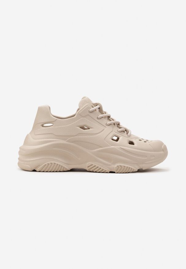 Renee - Beżowe Gumowe Sneakersy na Grubej Podeszwie Ozdobione Dziurkami Ojala. Kolor: beżowy. Materiał: guma. Wzór: aplikacja