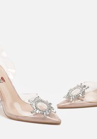 Born2be - Beżowe Sandały z Transparentną Cholewką z Obcasem Typu Klepsydra i Cyrkoniami Vlomena. Kolor: beżowy. Szerokość cholewki: normalna. Wzór: aplikacja. Obcas: na obcasie. Wysokość obcasa: średni #2