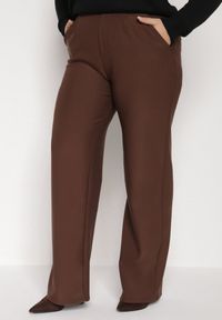 Born2be - Brązowe Spodnie z Bawełną o Szerokim Kroju z Wysokim Stanem Danniva. Okazja: na co dzień, do pracy, na spotkanie biznesowe. Stan: podwyższony. Kolekcja: plus size. Kolor: brązowy. Materiał: bawełna. Sezon: jesień. Styl: biznesowy, klasyczny, casual, elegancki #1