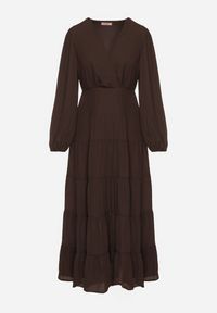 Born2be - Brązowa Rozkloszowana Sukienka Vices z Kopertowym Dekoltem Reslosa. Okazja: na co dzień. Typ kołnierza: dekolt w serek. Kolor: brązowy. Materiał: jeans. Typ sukienki: kopertowe. Styl: casual #5