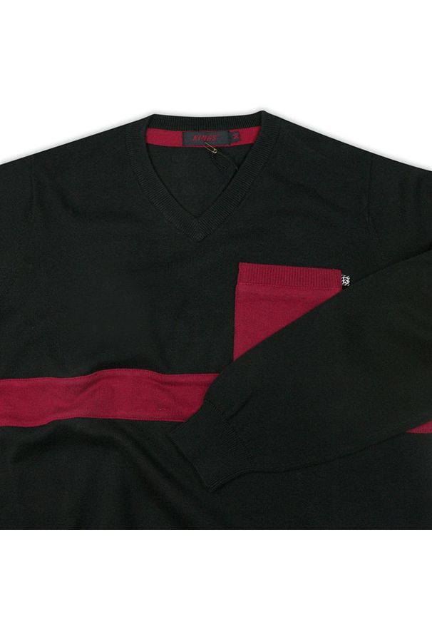 Kings - Sweter Męski, Czarno-Czerwony w Serek -KINGS- Dekolt V-Neck, Tłoczony Wzór, Klasyczny. Okazja: na co dzień, na spotkanie biznesowe, do pracy. Typ kołnierza: dekolt w serek. Kolor: czerwony. Materiał: bawełna, akryl. Styl: klasyczny