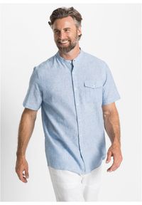 bonprix - Koszula z lnem, krótki rękaw. Typ kołnierza: kołnierzyk stójkowy. Kolor: niebieski. Materiał: len. Długość rękawa: krótki rękaw. Długość: krótkie #1