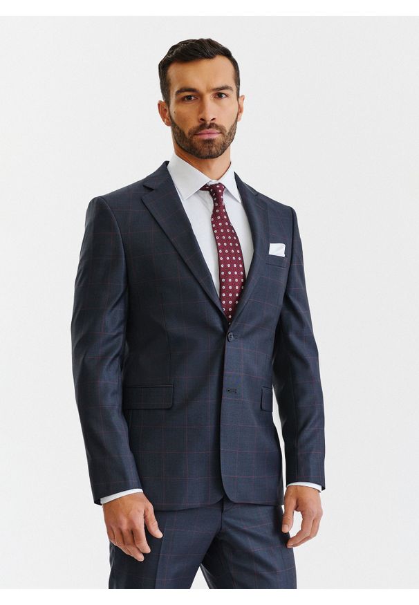 Pako Lorente - PAKO LORENTE – Granatowa marynarka garniturowa w bordową kratę Windowpane. Kolor: wielokolorowy, niebieski, czerwony. Materiał: wełna