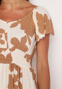 Born2be - Biało-Brązowa Wiskozowa Sukienka Rozkloszowana z Gumką w Talii Nansalinne. Okazja: na co dzień, na randkę. Typ kołnierza: dekolt w kształcie V. Kolor: biały. Materiał: wiskoza. Sezon: lato. Typ sukienki: rozkloszowane. Styl: klasyczny, casual #3