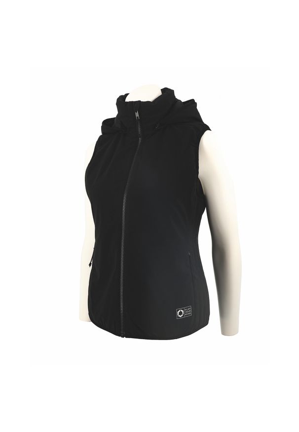 FLEX-ON - Damska kurtka bez rękawów z kapturem Flex-On. Typ kołnierza: kaptur. Kolor: czarny. Materiał: puch. Długość rękawa: bez rękawów