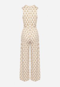 Born2be - Beżowy Taliowany Kombinezon z Kopertowym Dekoltem i Materiałowym Paskiem w Talii Feranea. Okazja: na co dzień. Kolor: beżowy. Materiał: materiał. Styl: klasyczny, casual, elegancki #7