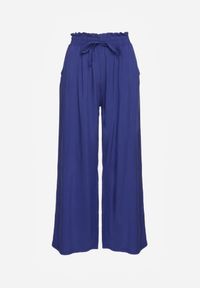Renee - Granatowe Spodnie z Bawełny Typu Palazzo High Waist z Gumką w Talii Nelsaria. Okazja: na co dzień. Stan: podwyższony. Kolor: niebieski. Materiał: bawełna. Styl: elegancki, casual, wizytowy #7
